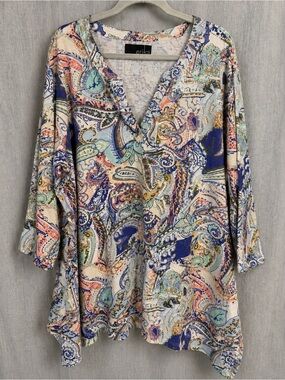 Erika 2X Paisley Cotton Tunic V Neck Blouse Top Handkerchief Hem Boho